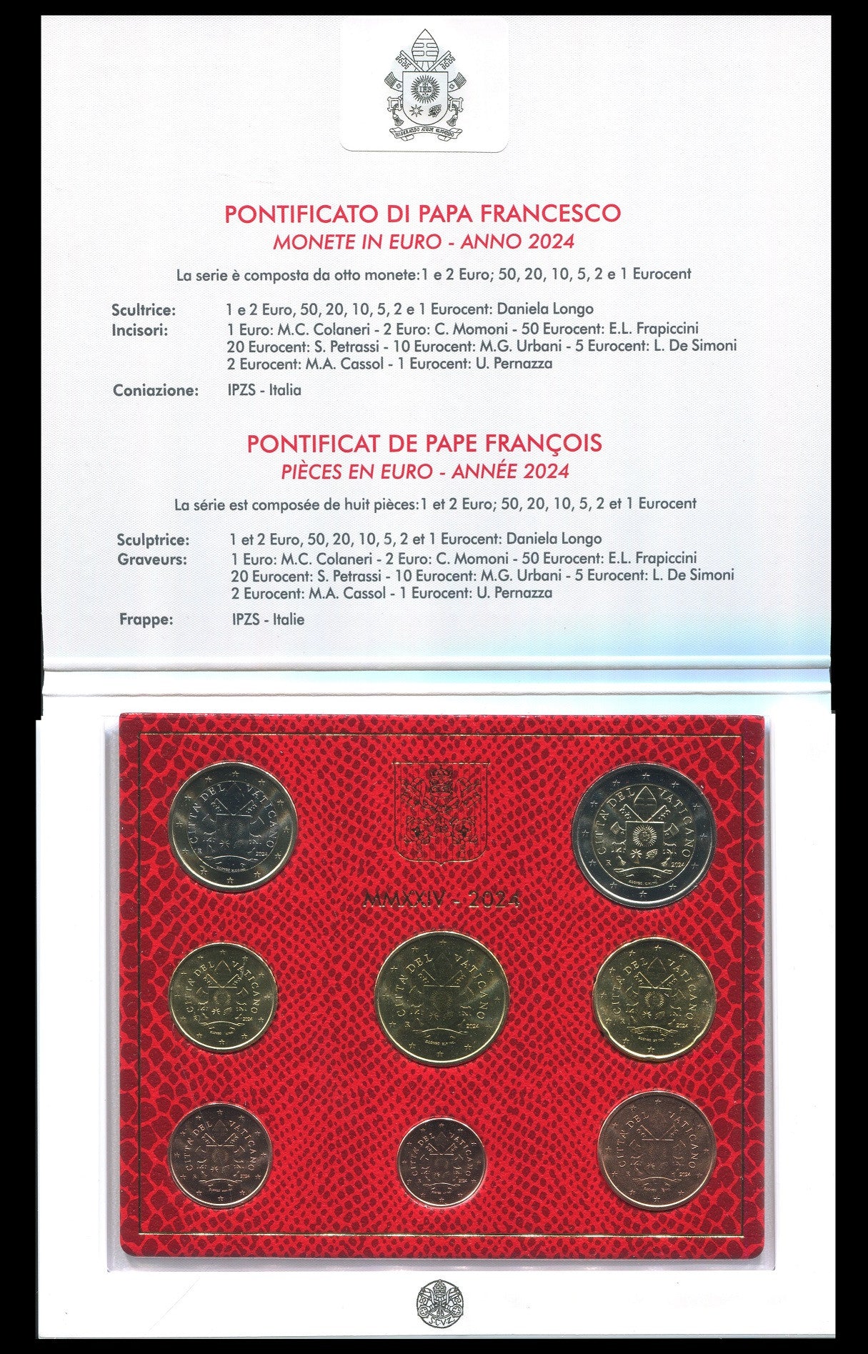 Vaticano - 2024 - Monedas Euros en cartera oficial - FDC / MS - Cartera Año 2024 (8 monedas)